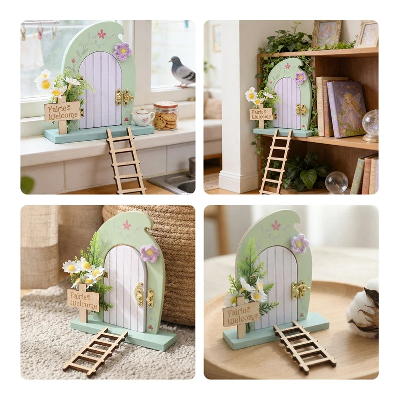 Mini Fairy Door Set with Ladder & Sign for Dollhouse Decor Whimsical Garden Accessory