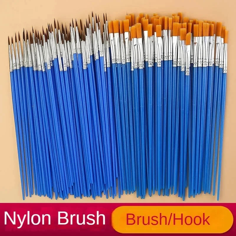 Set of 10/20/50 Paint Brushes - Art Round Flat Nylon Hair for Oil & Watercolor