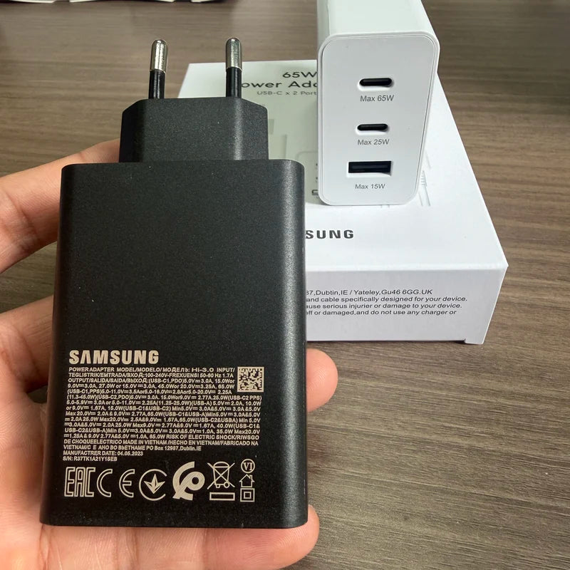 Samsung 65W 3-Port Fast Charging Wall Charger for Phones, Tablets, Laptops