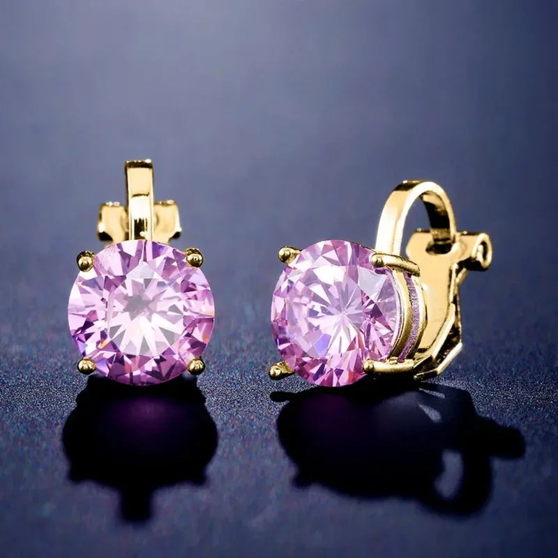 Round Cubic Zirconia Copper Clip Earrings for Women - Gold, Black, Rose & Rhodium Plated Jewelry