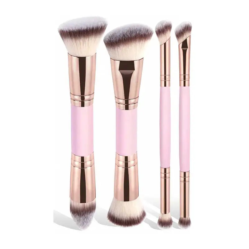 4-Piece Makeup Brush Set with Case - Dual-Ended Foundation, Blush, Eyeshadow Brushes for Beginners & Travel
