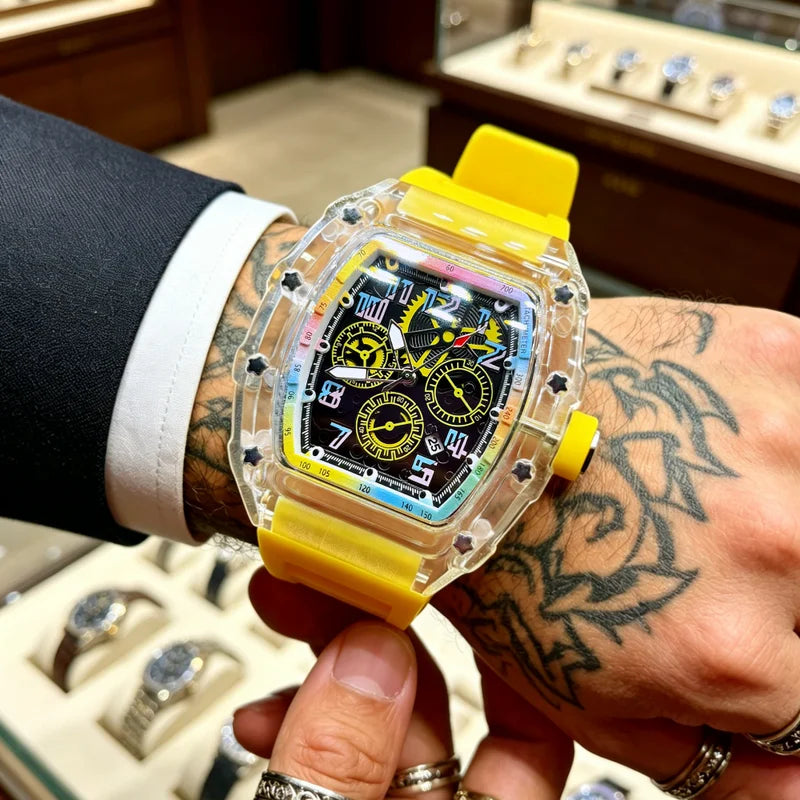 Men's High-End Barrel-Shaped Transparent Quartz Watch with Rainbow Dial Waterproof Wristwatch