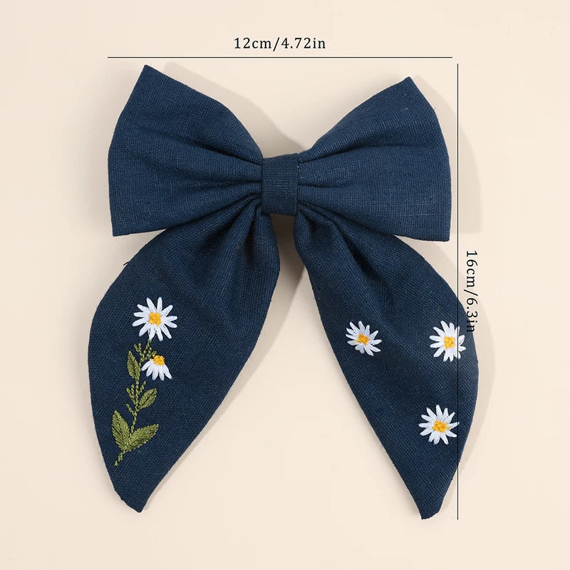 Floral Embroidered Bow Hair Clips Set for Girls and Women - Handmade Hair Accessories