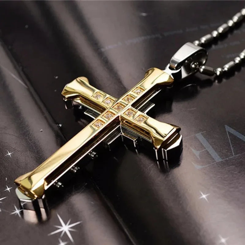Men's Crystal Cross Pendant Necklace Stainless Steel Jewelry 2024