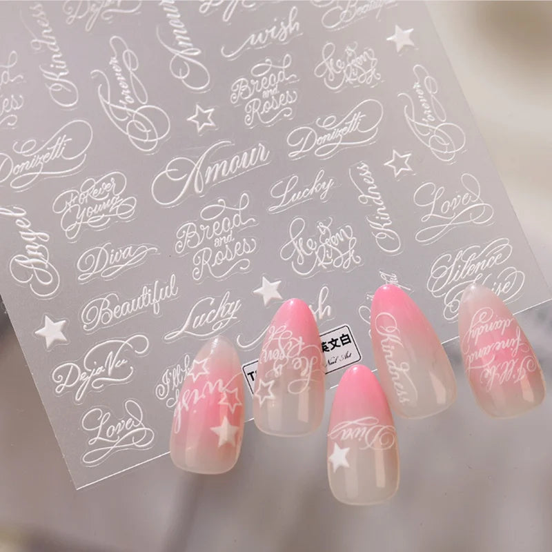 Retro Cursive Letter Nail Decals Set - 5D Vintage Nail Art Stickers for Manicure
