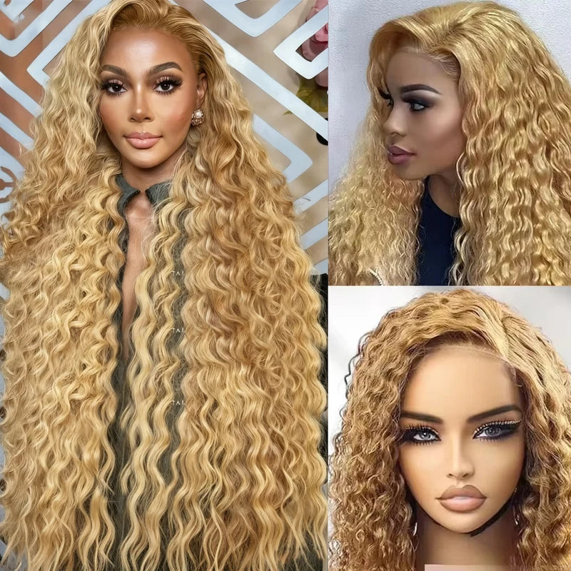 Deep Wave Lace Front Wig Honey Blonde HD 13x6 Transparent Frontal Human Hair 26-32in