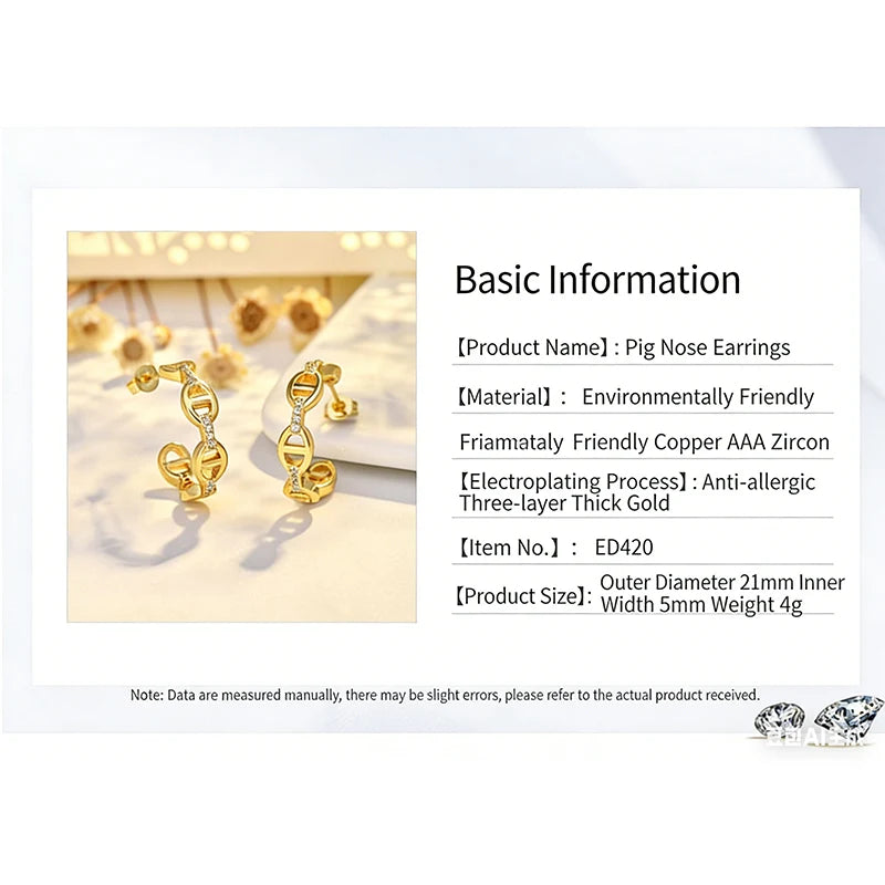 Minimalist Gold-Plated Pig Nose Chain Hoop Earrings with Cubic Zirconia