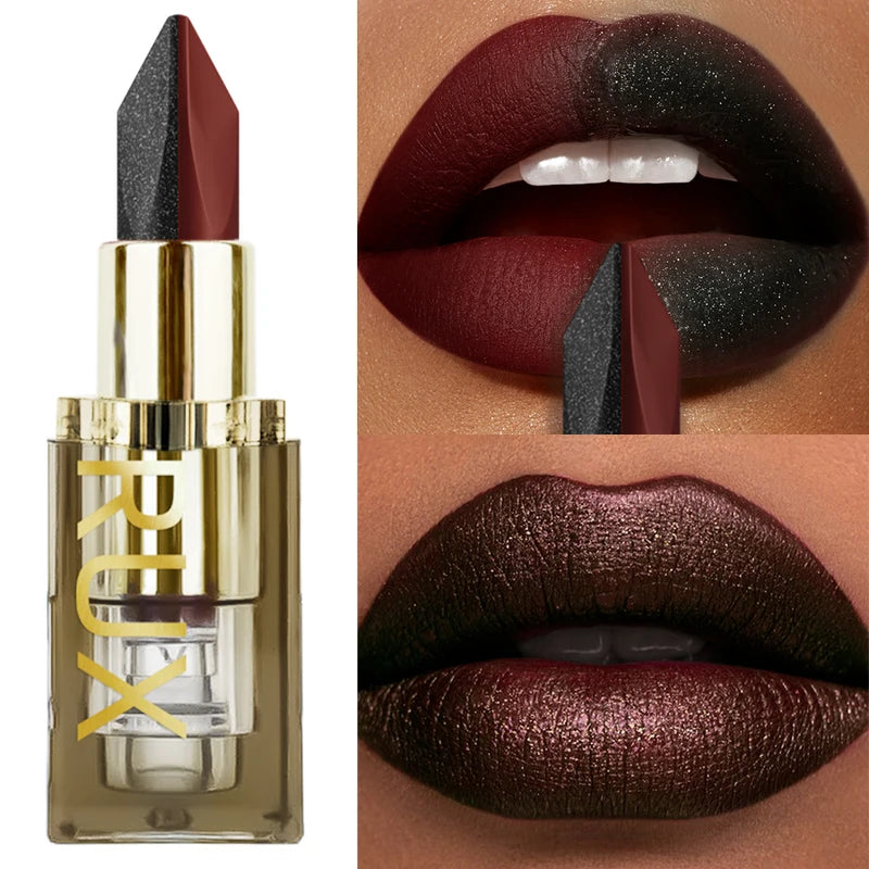 Waterproof Two-Tone Lipstick with Pearlescent Finish - Matte Non-Stick Red Black Brown Lips Makeup