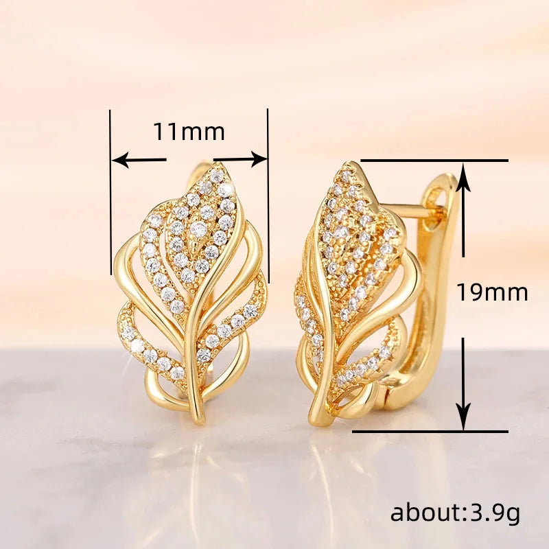 Leaf Shaped Hoop Earrings for Women Gold Color Cubic Zirconia Bridal Jewelry