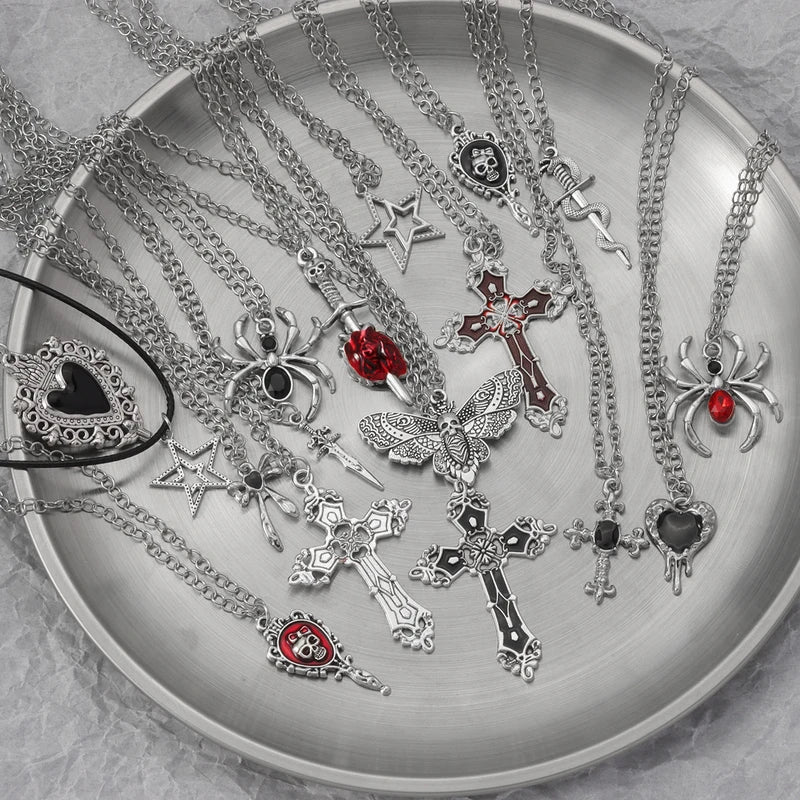 Gothic Cross Spider Skull Pendant Necklace Set for Men Women Streetwear Jewelry
