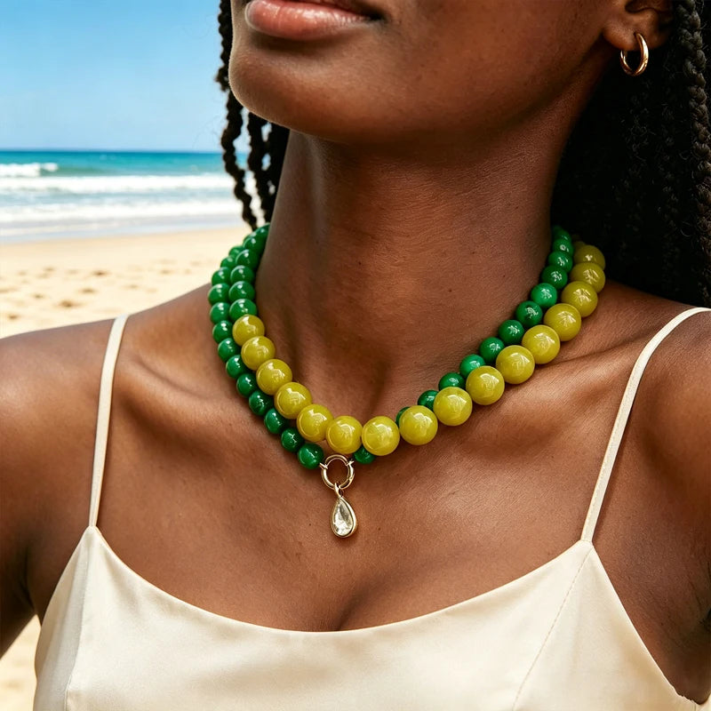 Bohemia Acrylic Chunky Beads Necklace with Zircon Pendant - Water Drop Shape, Y2K Beach Jewelry