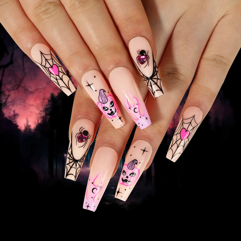 Halloween Fake Nail Tips 24-Piece Ghost & Pumpkin Spooky Design Press On Nails