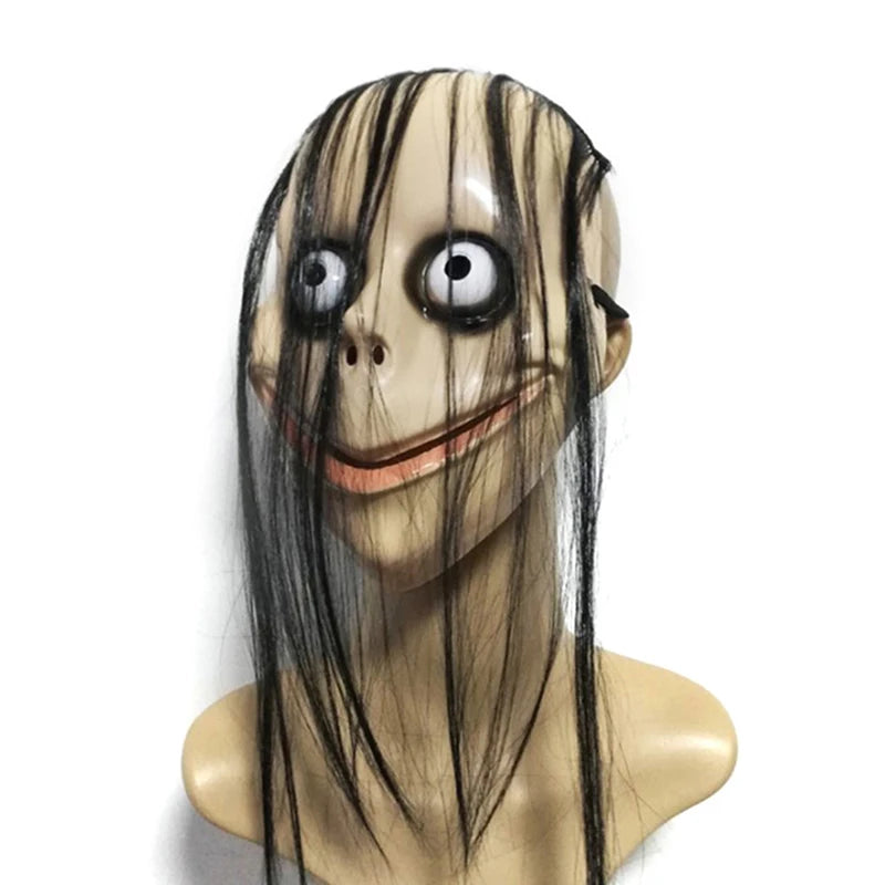 Halloween Ghost Mask with Long Hair V-Shaped Mouth Fun Mask for Costume Party