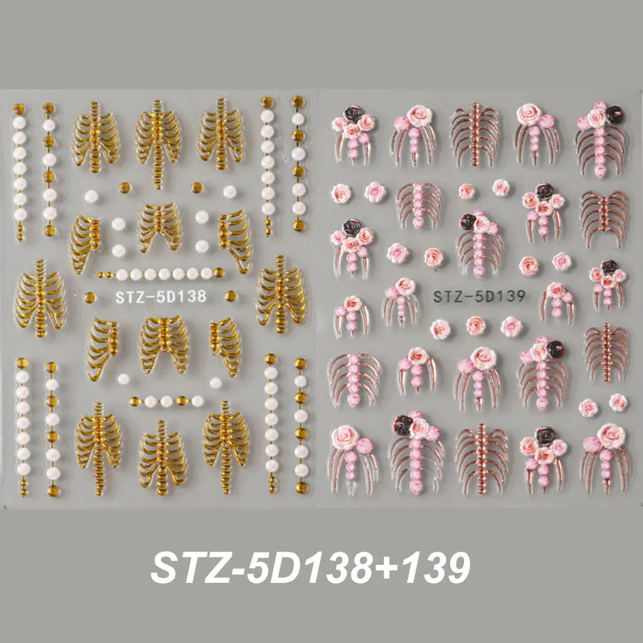 Halloween 5D Embossed Skull Nail Stickers with Pink Roses and Gold Bones for Elegant Nail Art