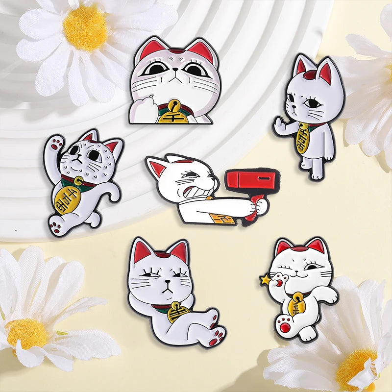 Anime Cat Enamel Pin with Hair Dryer & Lucky Middle Finger Brooch - Gift Jewelry