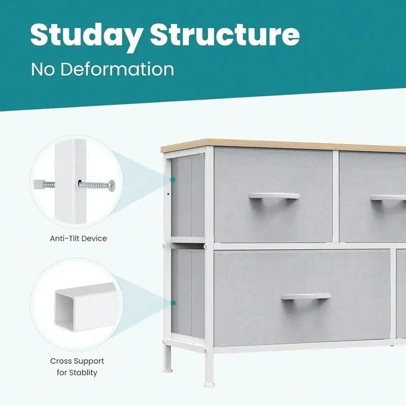 Fabric Dresser with 5 Drawers and Wooden Top - Metal Frame Storage Cabinet