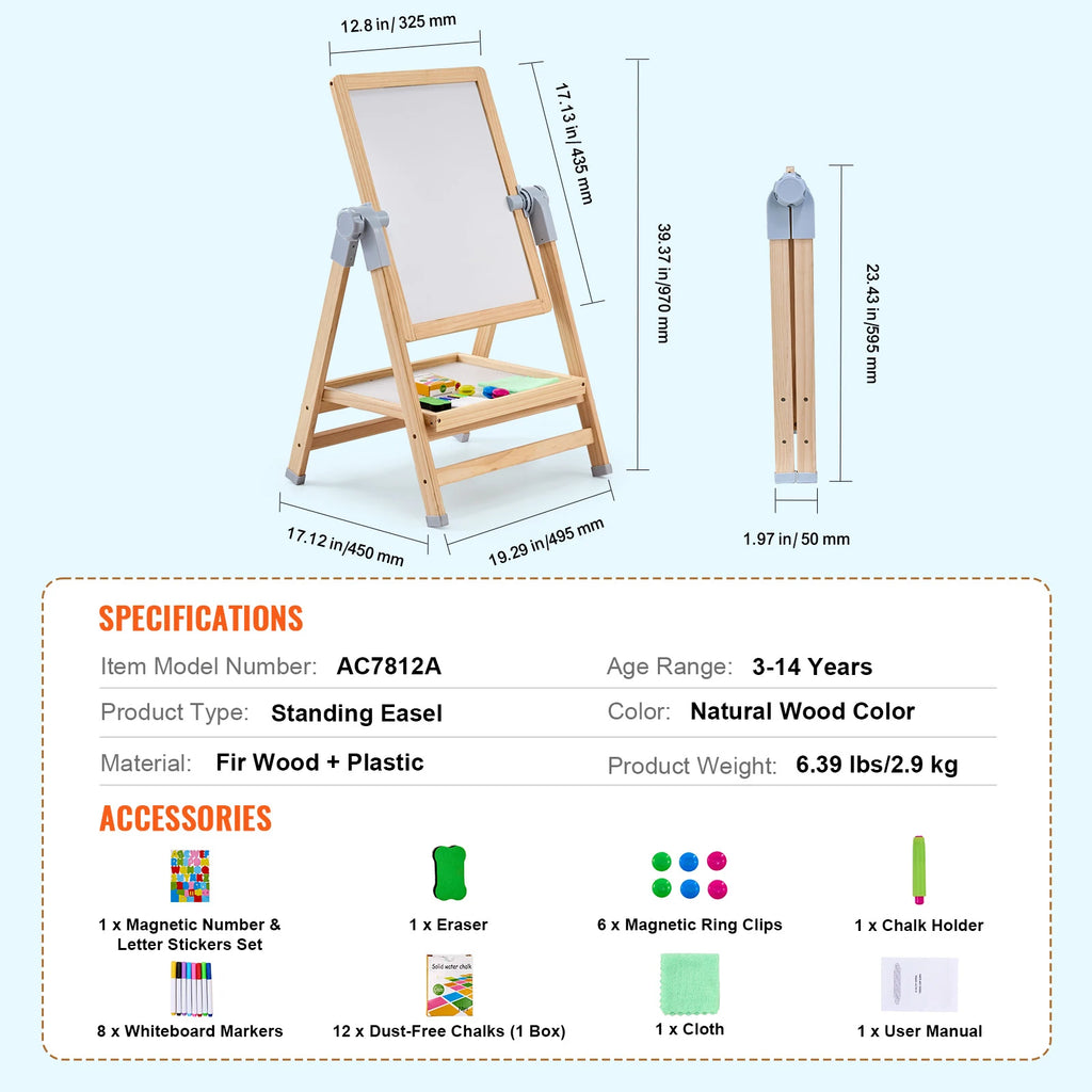 Children's Magnetic Drawing Board Easel with Painting Accessories - Double-Sided Kids Art Set, Adjustable Height