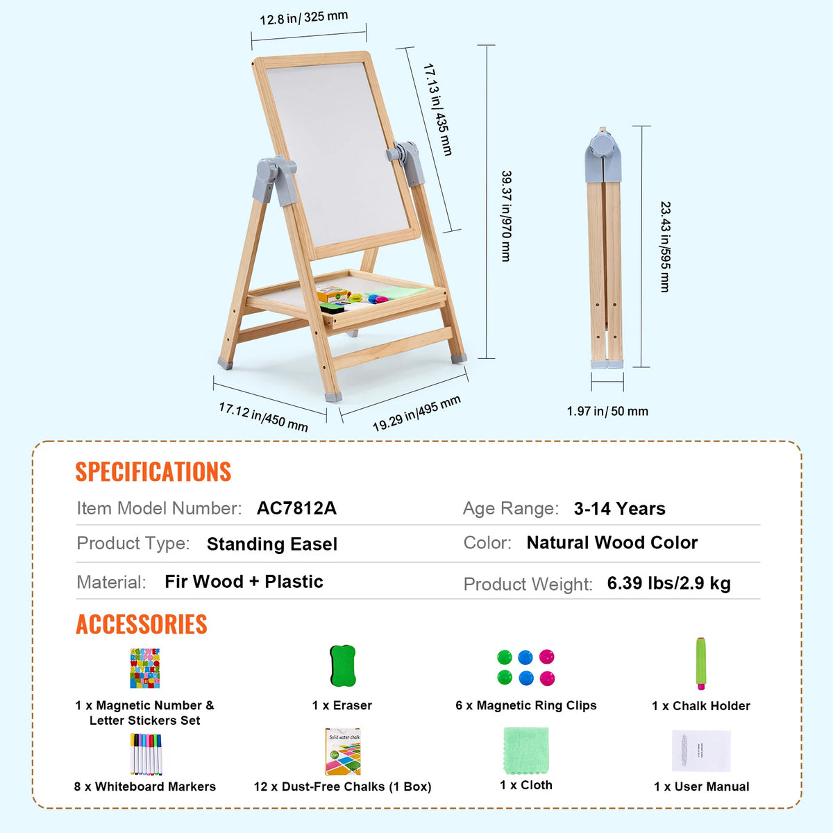 Children's Magnetic Drawing Board Easel with Painting Accessories - Double-Sided Kids Art Set, Adjustable Height