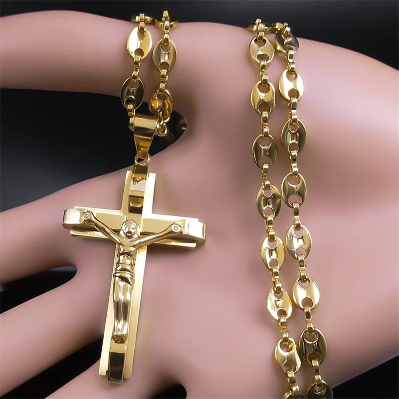 Christian Jesus Cross Pendant Necklace for Men Women Stainless Steel Gold Chain