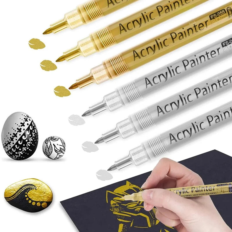 3-Piece Acrylic Paint Markers Set - Black, White, Gold & Silver for Arts and Crafts