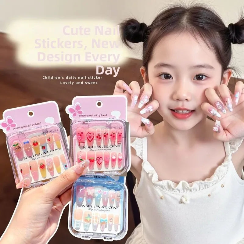 Children's Cartoon Nail Stickers - Cute Detachable Long Nail Art for Girls