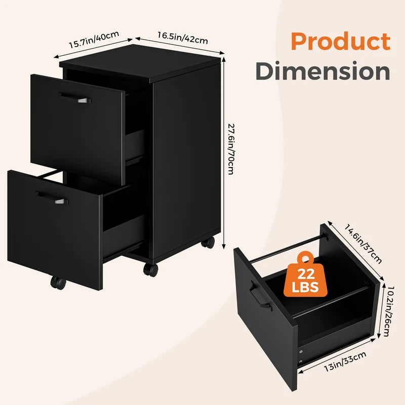 Rolling Wood Filing Cabinet with Lockable Wheels and 2 Drawers for Home Office