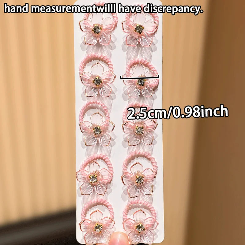 Girls Elastic Hair Bands with Rhinestone and Flower Decorations - Durable & High Elasticity Hair Ties for Braid and Ponytail