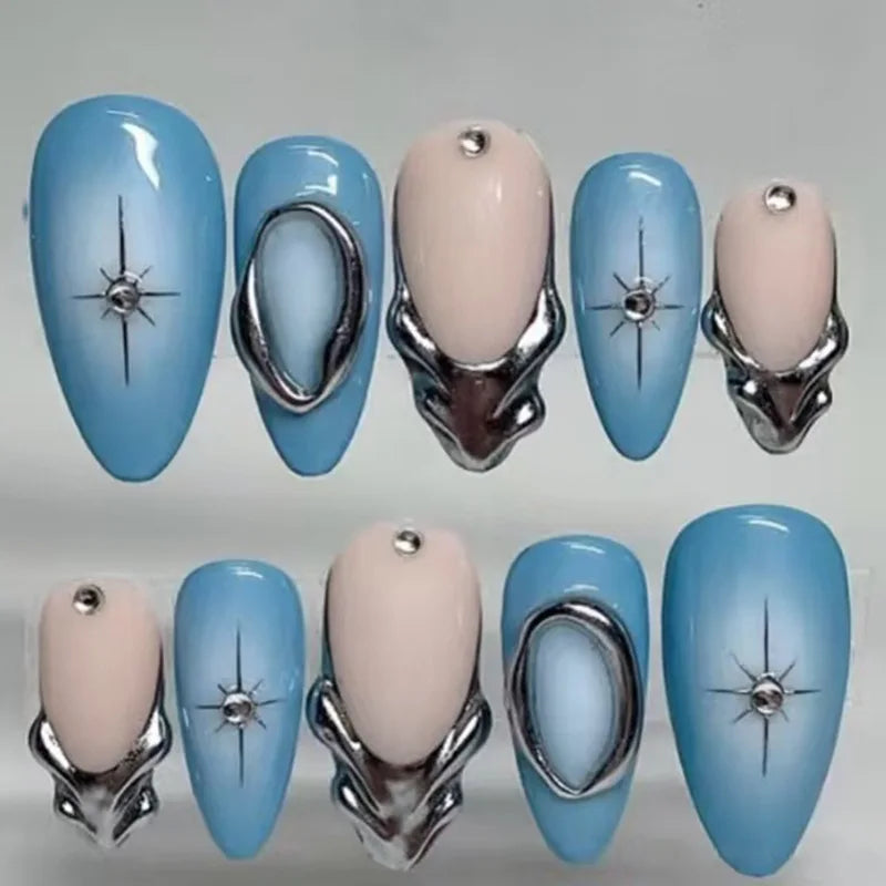 24Pcs 3D Ripple Design False Nails Cat's Eye French Almond Nail Tips - Removable Press On Nails