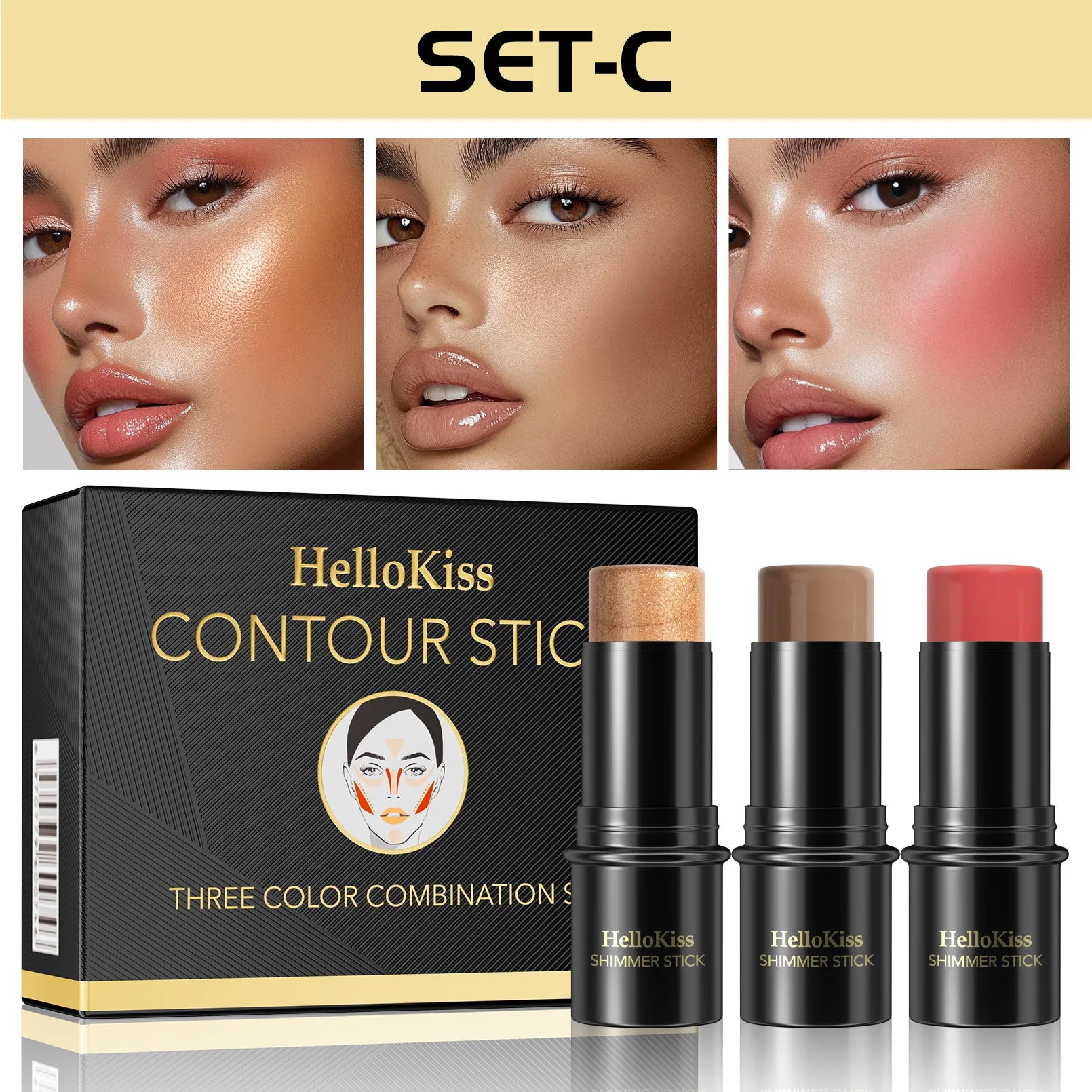 3-Piece Cream Contouring Stick Set for Face - Highlighter, Blush & Contour