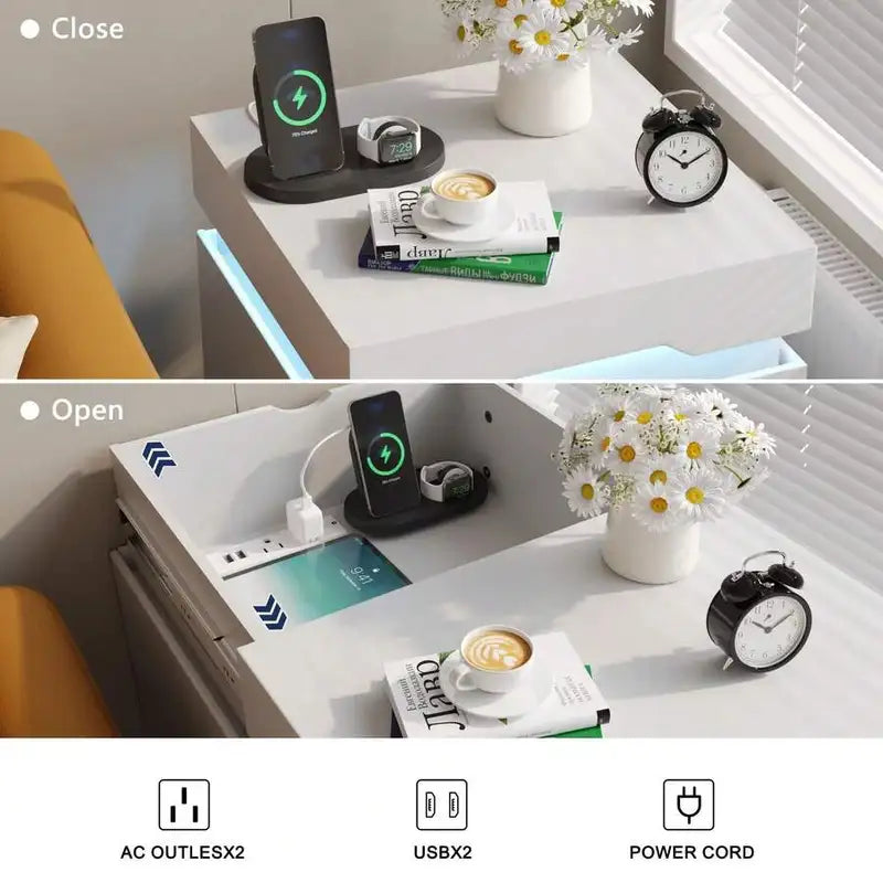 Nightstand With USB Charging Port & LED Lights - Bedside Table with Outlets