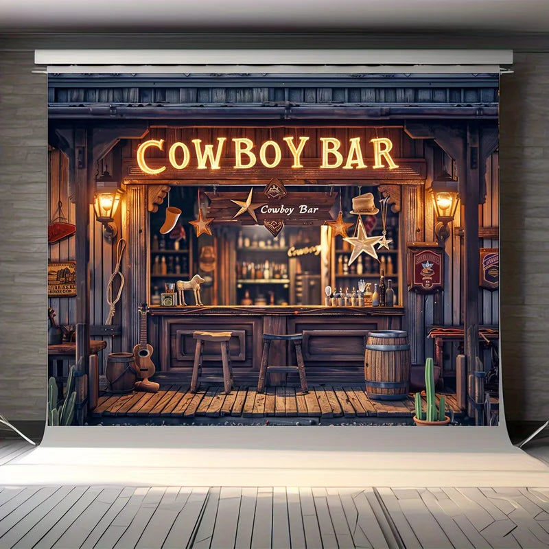 Retro Western Bar Background Banner - Homer Themed Party Decor with Wooden Bar, Wheel Bucket & Stool