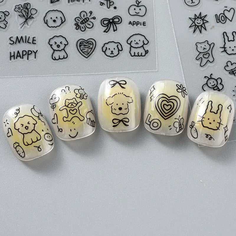 4-Pack Cute Cartoon Nail Art Stickers for DIY Manicure, Kawaii Flower and Animal Designs