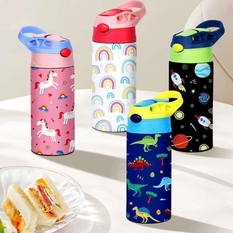350ml Insulated Cartoon Kids Water Bottle with Straw - Animal Pattern Thermos Mug