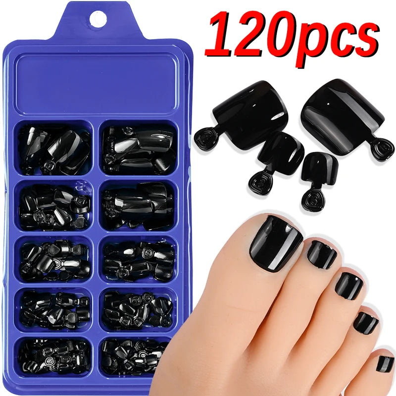 120Pcs Short Square Full Cover Press-On Toenails - Glossy Black Nail Tips for Summer Women