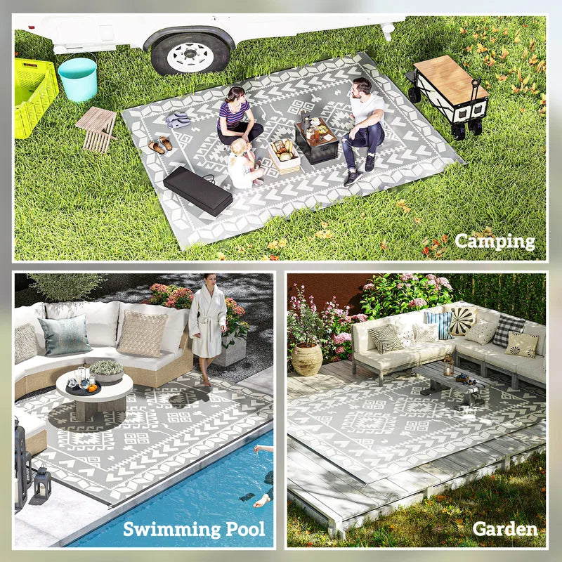 Large Outdoor Rhombus Patchwork Rug 9x12 ft Non-Slip Patio Floor Mat