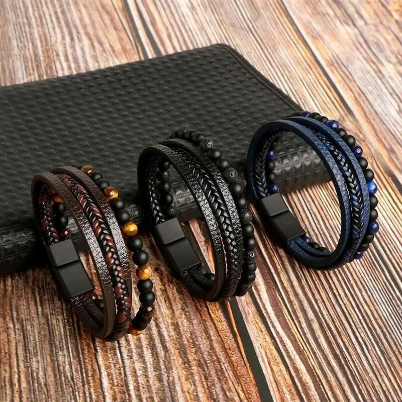 Men Leather Multi-Layer Beaded Bracelet with Tiger Eye - Fashion Jewelry Gift