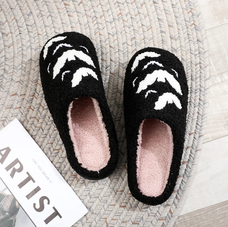 Halloween Bat Pattern Embroidered Plush Indoor Slippers - Non-Slip Warm Woolen Cotton Footwear for Men & Women