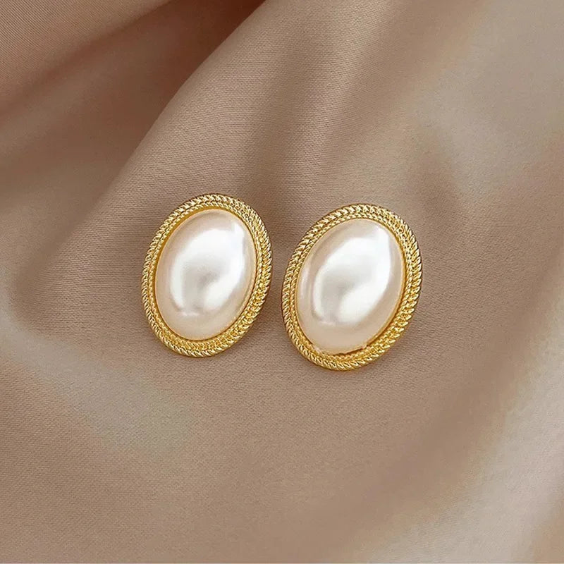 Delicate Baroque Imitation Pearl Oval Stud Earrings for Women - Korean Style Jewelry