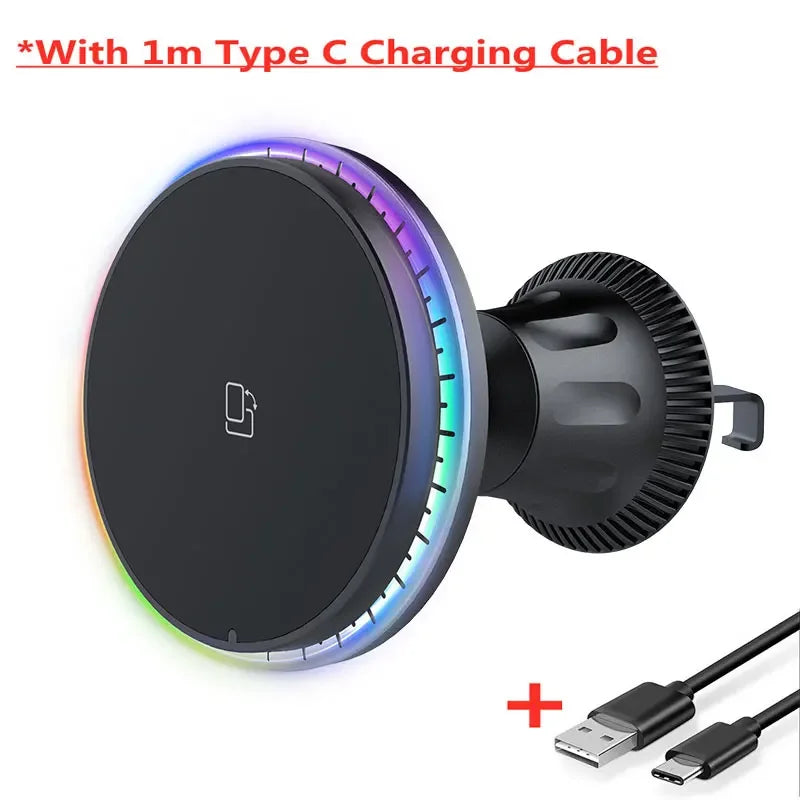 Magnetic Wireless Car Charger with RGB Lighting and Vent Mount for iPhone 12-17