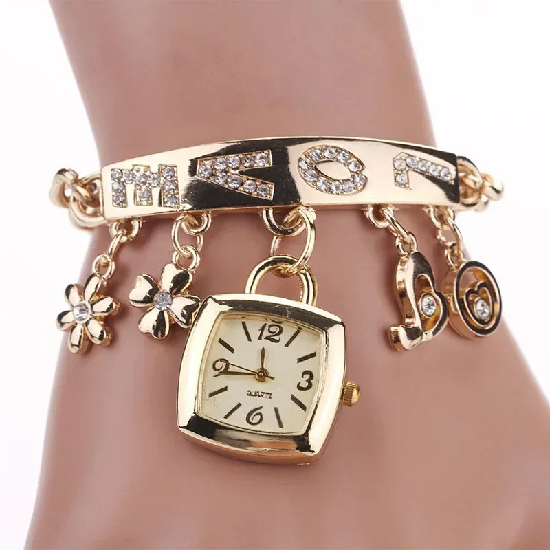 Women Dress Watches with Rhinestone Letters Flower Pendant Chain Bracelet Gift