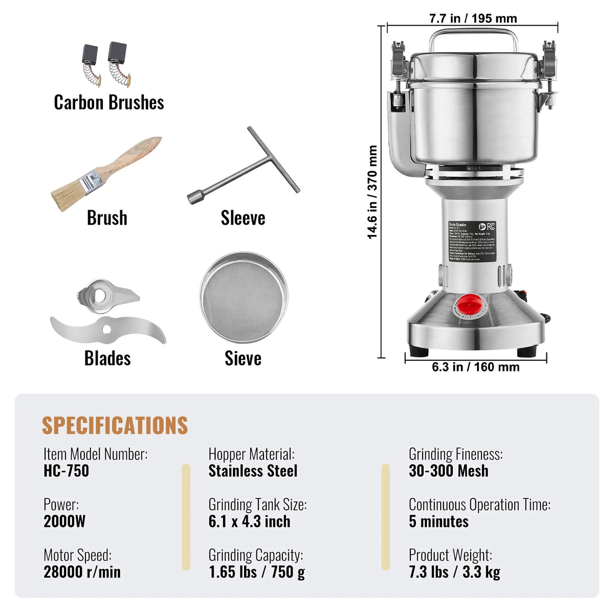 Electric Grain & Spice Grinder 1500W Commercial Swing Mill for Herbs, Grains, Spices