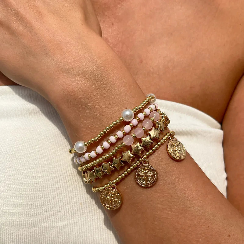 Retro Multi-Layer Star Pendant Bracelet with Beaded Elastic Thread