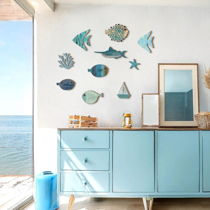 Handcrafted Wooden Ocean Wall Art Set with Fish Coral Starfish Sailboat Coastal Decor