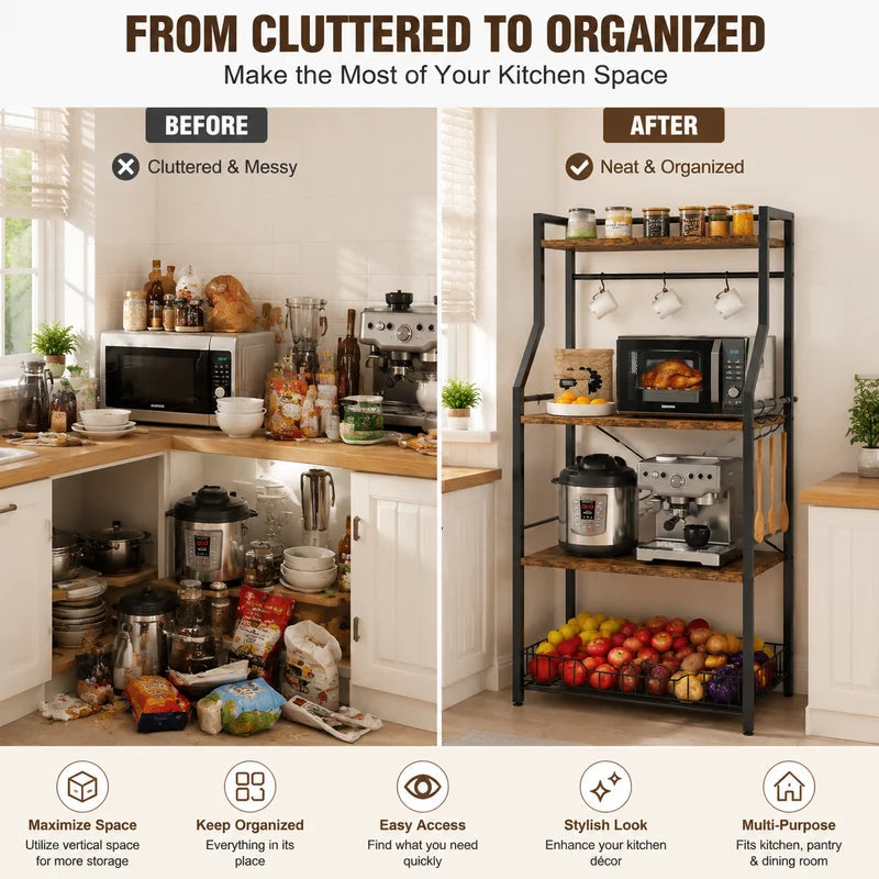 4-Tier Kitchen Storage Rack with Microwave Stand and Hooks - Industrial Style Organizer