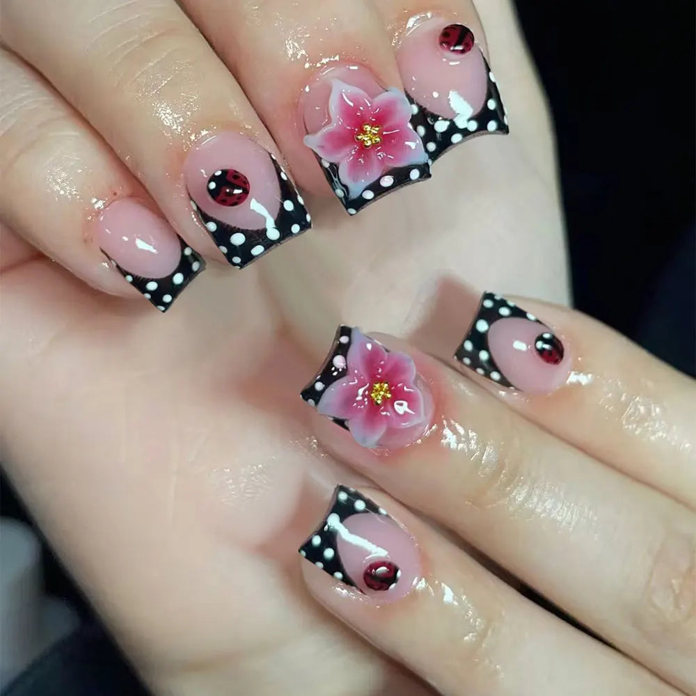 24Pcs Short Oval 3D Gel Flower Ladybug French Tip Press-on Nails Set