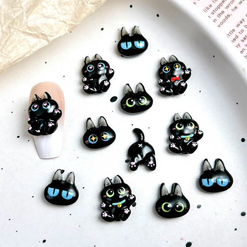 30PCS Kawaii Black Cat Resin Nail Charms Luminous Nail Art Decorations