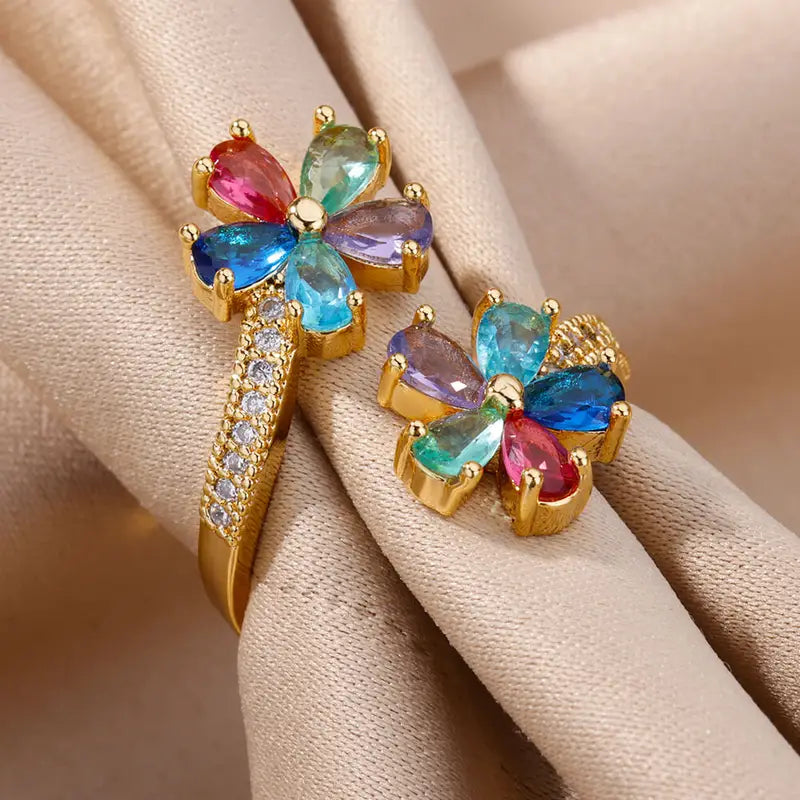 Colored Zircon Double Flower Ring for Women Gold Plated Stainless Steel Wedding Jewelry Gift