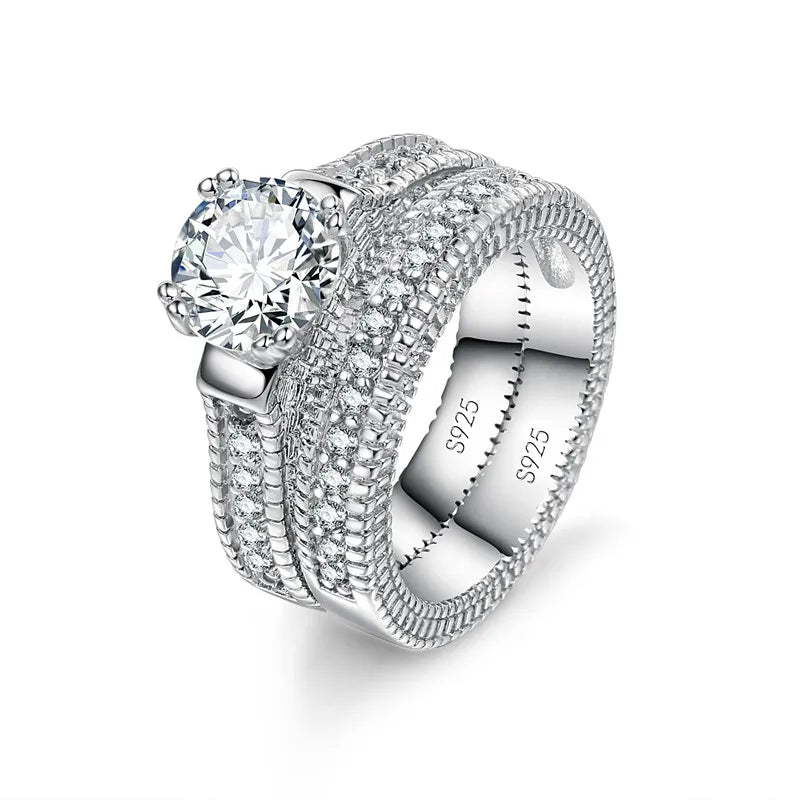 Elegant Wedding Engagement Ring Set - 925 Sterling Silver with Cubic Zirconia