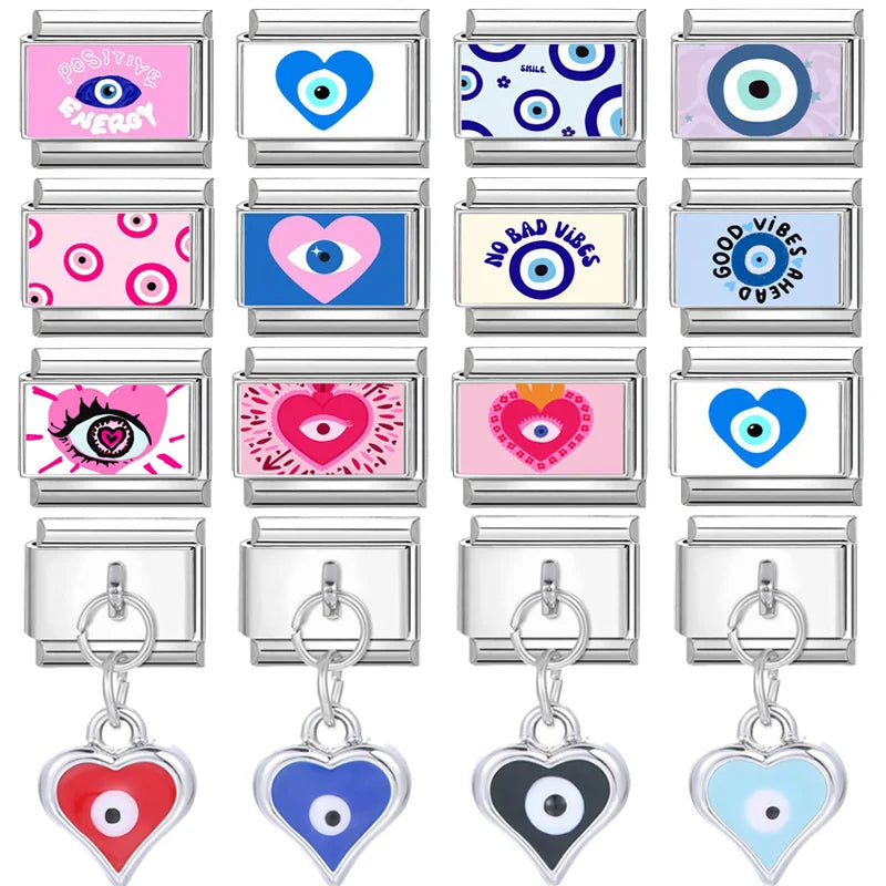 Vintage Devil Eye Blue Heart Charm Link Bracelet - Stainless Steel DIY Jewelry