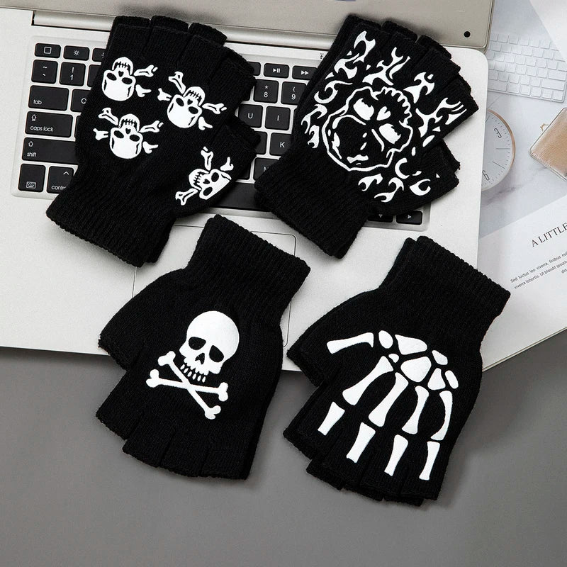 Halloween Knit Gloves with Skull Pattern for Boys & Adults - Warm Fall Winter Accessory